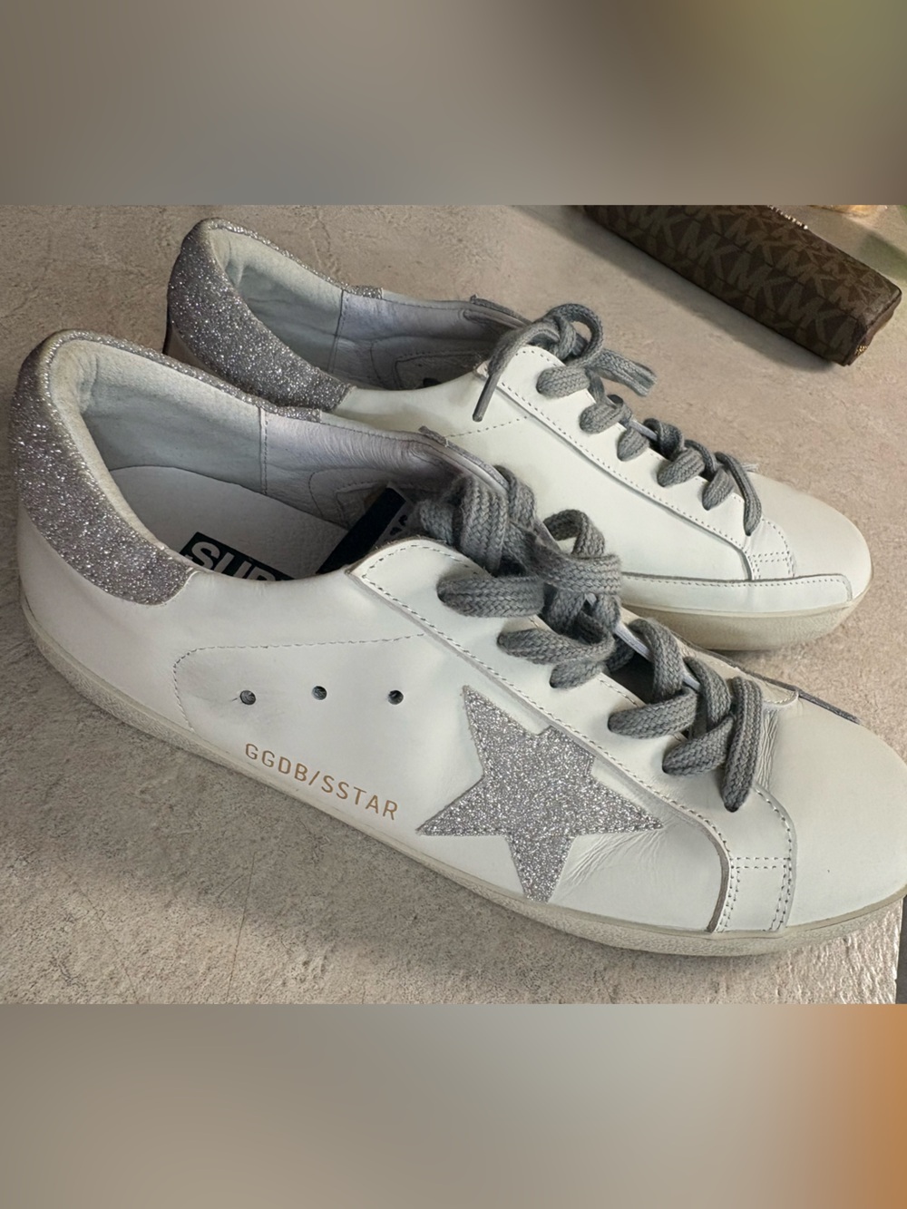 Golden Goose White Leather Sneakers with Silver Glitter Star and Heel